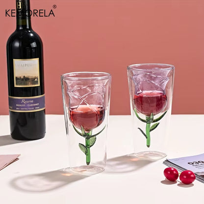 INS Double-Layer Glass Wine Glass Rose Shape Design Red Wine Glass Glass Juice Cup Suitable for Wedding Valentine'S Day