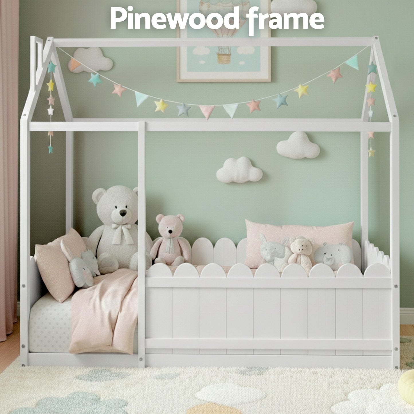 Artiss Bed Frame Kids Timber Single Wooden Mattress Base House Platform White