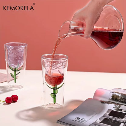 INS Double-Layer Glass Wine Glass Rose Shape Design Red Wine Glass Glass Juice Cup Suitable for Wedding Valentine'S Day