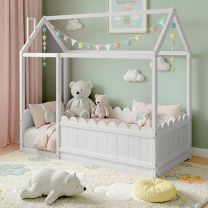 Artiss Bed Frame Kids Timber Single Wooden Mattress Base House Platform White