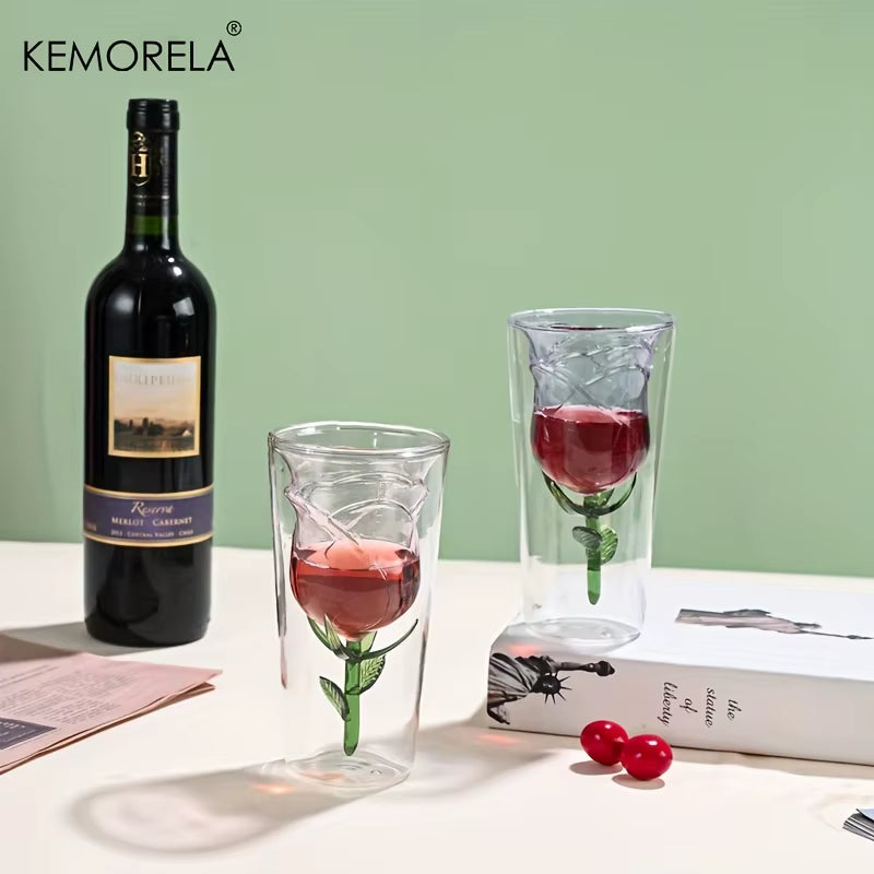 INS Double-Layer Glass Wine Glass Rose Shape Design Red Wine Glass Glass Juice Cup Suitable for Wedding Valentine'S Day