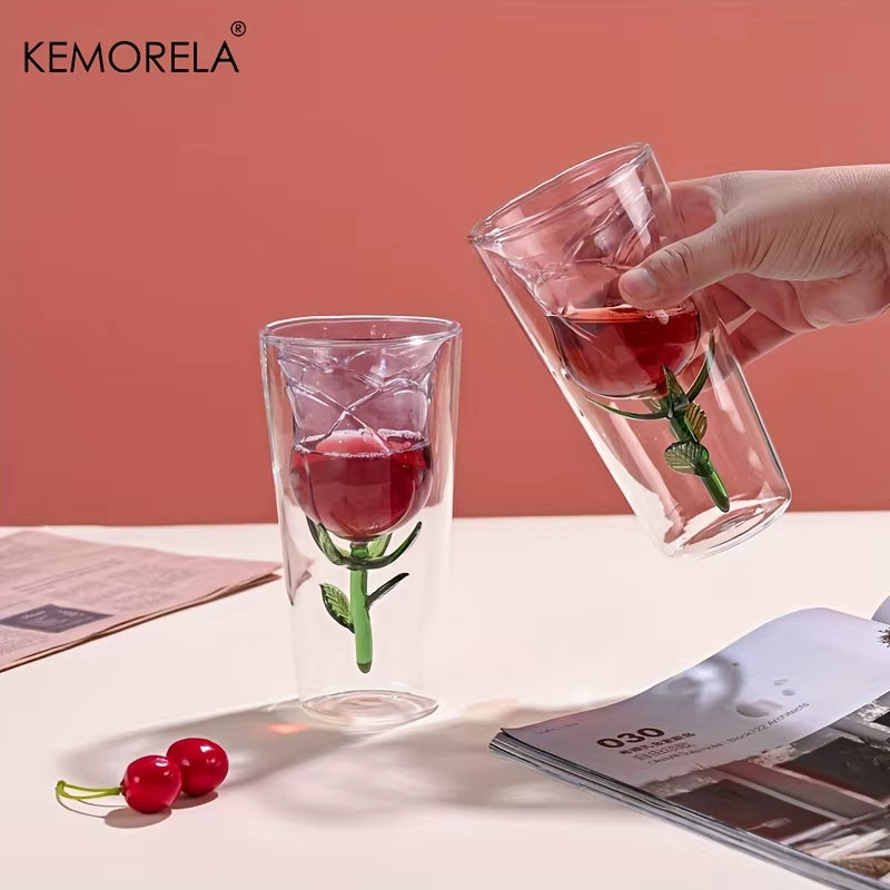 INS Double-Layer Glass Wine Glass Rose Shape Design Red Wine Glass Glass Juice Cup Suitable for Wedding Valentine'S Day