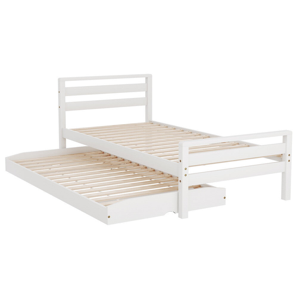 Artiss Bed Frame 2X Single Size 2-In-1 Trundle Wooden Mattress Base White AVIS