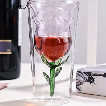 INS Double-Layer Glass Wine Glass Rose Shape Design Red Wine Glass Glass Juice Cup Suitable for Wedding Valentine'S Day
