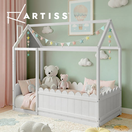 Artiss Bed Frame Kids Timber Single Wooden Mattress Base House Platform White